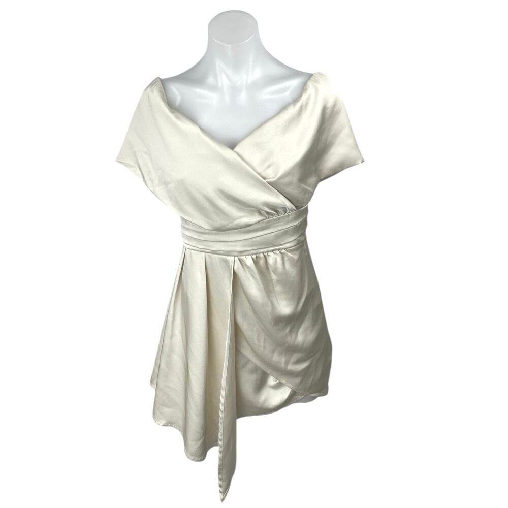 Lulus Always Celebrating Ivory Silk Satin Off The Shoulder Sheath Mini Dress S